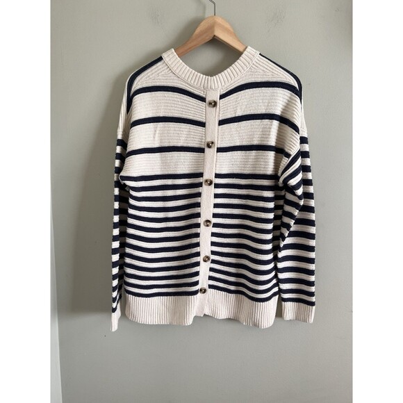 Madewell Greensboro Button Back Sweater blue cream striped small - Picture 4 of 9